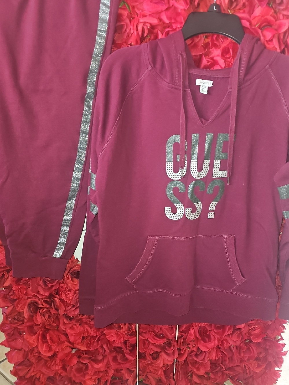Guess Women's Vintage Maroon Hoodie with Silver Logo and Stripe & Joggers Xlarge